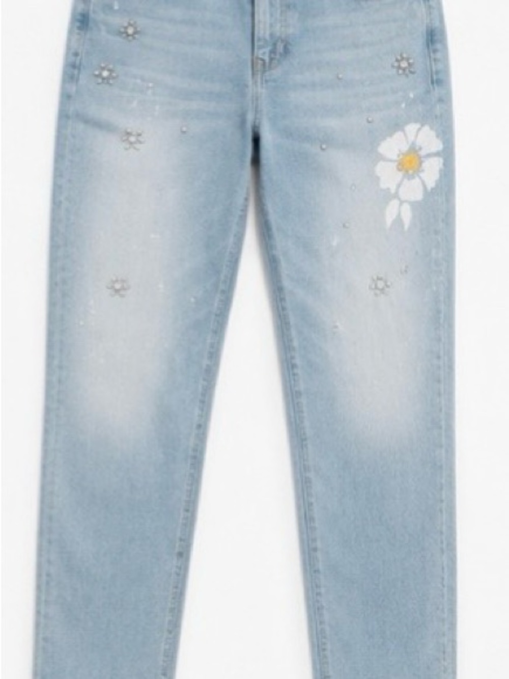 Express Light Blue Skinny Jeans with White & Yellow Floral Detail